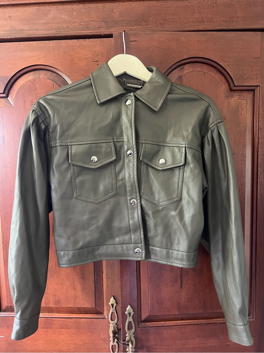 Tahari Gray Cropped Leather Button Jacket